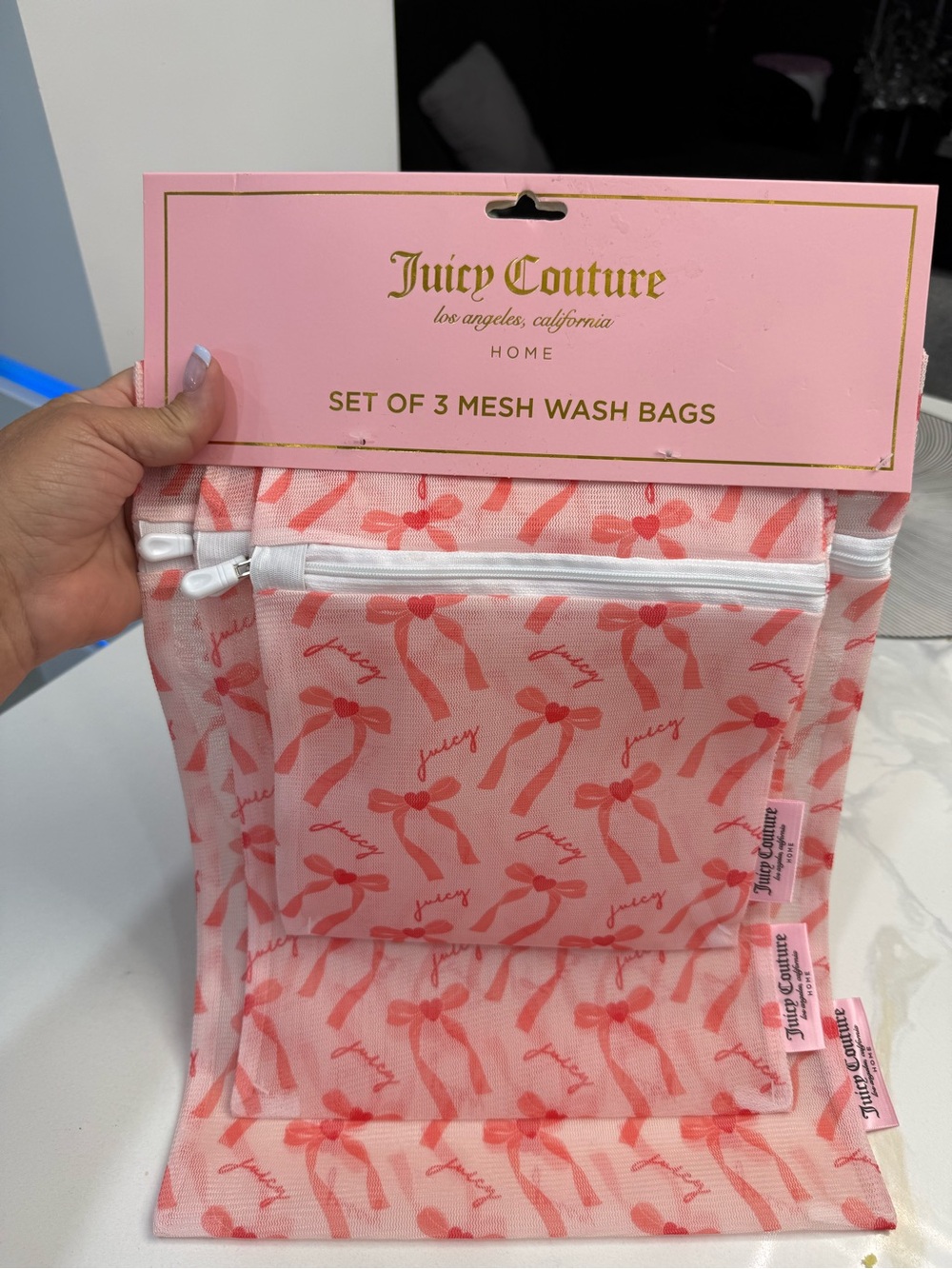 Juicy Couture Pink Mesh Wash Bag Trio with Coral Bow Print